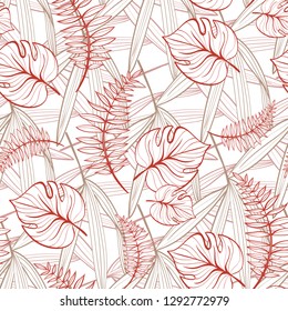 Seamless floral pattern with tropical leaves. Line drawing. Hand-drawn illustration.