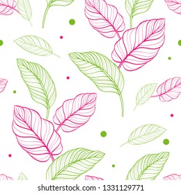 Seamless floral pattern with tropical leaves. Line drawing. Hand-drawn illustration.
