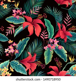 seamless floral pattern. tropical leaves and red hibiscus