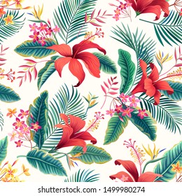 seamless floral pattern. tropical leaves and hibiscus.