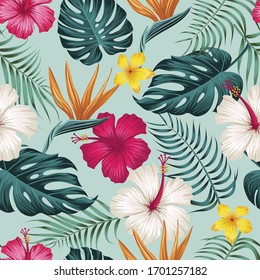 Seamless floral pattern with tropical leaves, tropical background