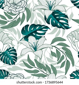 Seamless floral pattern with tropical leaves, tropical background
