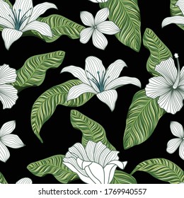 Seamless floral pattern with tropical leaves