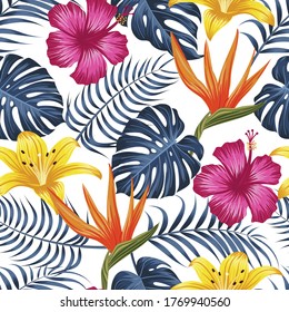 Seamless floral pattern with tropical leaves