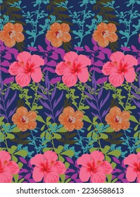 seamless floral pattern with tropical leaves and flowers. vector exotic floral pattern on dark background. for Bedding, fashion, swimwear, active wea, Linen. Amazing colorful leaves and flowers.
