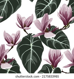 Seamless floral pattern with tropical magnolia flowers with exotic leaves on white background. Template design for textiles, interior, clothes, wallpaper. Botanical art. 