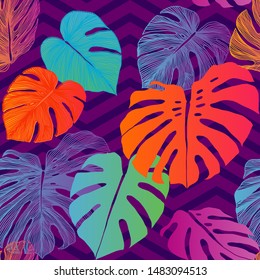 Seamless floral pattern from Tropical Monstera deliciosa plant. Tropical leaves in bright colors. Hand drawn pattern. Line art. Vector illustration