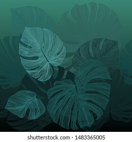 Seamless floral pattern from Tropical Monstera deliciosa plant. Tropical leaves in retro style. Hand drawn pattern. Line art. Vector illustration