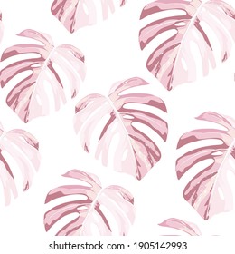 Seamless floral pattern from Tropical Monstera pink leaves. Tropical leaves in retro style. Hand drawn pattern. 