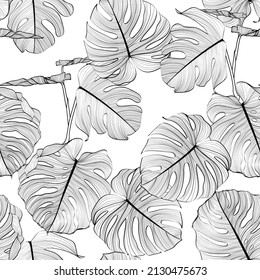 Seamless floral pattern with Tropical Monstera plant. Tropical leaves in retro style. Hand drawn pattern. Line art. 