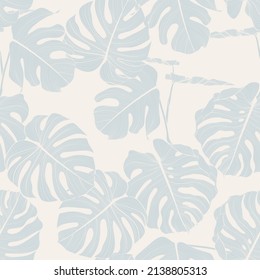 Seamless floral pattern with Tropical Monstera plant. Tropical leaves in retro style. Hand drawn pattern in blue and beige colors. Line art. 