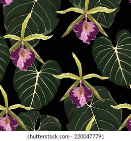 Patrón floral sin foco con flores orquídeas tropicales con hojas exóticas sobre fondo negro. Diseño de plantilla para textiles, interiores, ropa, papel pintado. Arte botánico. 