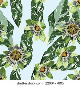 Seamless floral pattern with tropical passiflora flowers with exotic leaves on blue background. Template design for textiles, interior, clothes, wallpaper. Botanical art. 