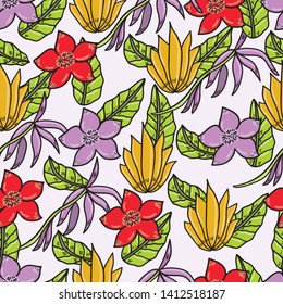 Seamless floral pattern with tropical plants. Cute botanical background.