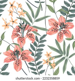 Seamless floral pattern with tropical plants in pastel colors. Beautiful flower print with hand drawn exotic flowers, leaves, large lilies on a white background. Vector botanical illustration.