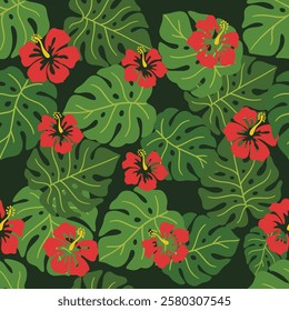 Seamless floral pattern with tropical plants green and red flowers dress, skirt, or other modern spring and summer textile print.