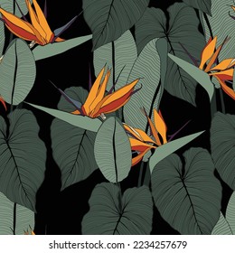 Seamless floral pattern with tropical strelitzia flowers on dark background. Template design for textiles, interior, clothes, wallpaper.