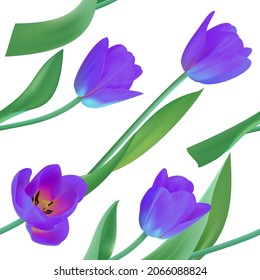 Seamless floral pattern with tulip flowers, leaves. Hand drawn, high realistic, vector,spring flowers for fabric, prints, decoration, invitation cards.