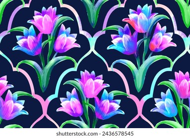 Seamless floral pattern with tulip flowers, leaves and petals on a black background. Hand drawn, high realistic, vector, spring flowers for fabric, prints, decoration, invitation cards.