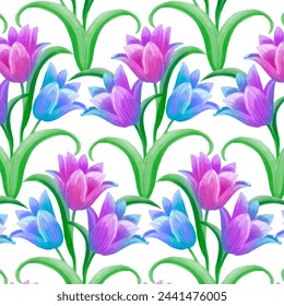 Patrón floral sin costuras con flores de tulipán, hojas y pétalos sobre un fondo blanco. Dibujado a mano, vector, flores de primavera para la tela, estampados, decoración, tarjetas de invitación.