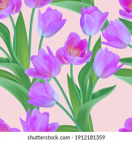 Patrón floral sin soldadura con tulipanes, hojas sobre un hermoso fondo. Gran realismo, vector, flores primavera para tela, impresiones, decoraciones, tarjetas de invitación.