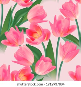 Seamless floral pattern with tulip, leaves on a beautiful background. High realism, vector, spring flowers for fabric, prints, decorations, invitation cards.