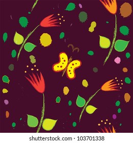 Seamless floral pattern with tulips and butterfly