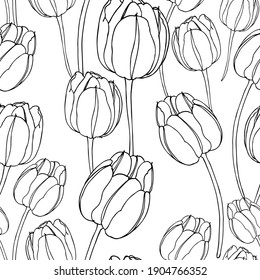 Seamless floral pattern of tulips. Contour drawing of tulips. Black outline drawing of flowers on a white background. For finishing and design of fabrics, paper, textiles, wallpaper, packaging.