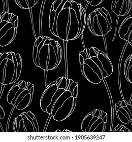 Seamless floral pattern of tulips. Contour drawing of tulips. White outline drawing of flowers on a black background. For decoration and design of fabric, paper, textiles, wallpaper, packaging.