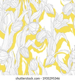 Seamless floral pattern with tulips flower. Vector repeating background with line art spring flower pattern. Best for wrapping, textile or print design. Symbol for Women's Day and Mother's Day.