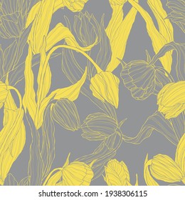 Patrón floral sin foco con flor de tulipanes. Vector repitiendo fondo con el patrón de flor de primavera de la línea de arte. Lo mejor para embalar, textil o diseño de impresión. Símbolo del Día de la Mujer y del Día de la Madre.