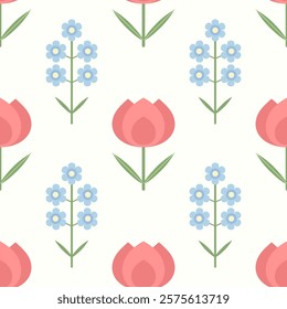 Seamless Floral Pattern with Tulips and Forget-me-nots Flowers Vector