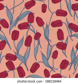 Seamless floral pattern with of tulips. Vector background.