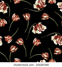 Seamless floral pattern with tulips,  watercolor. Vector illustration. 