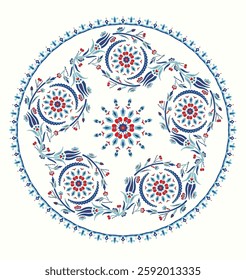 Seamless Floral Pattern, Turkish Tile Inspired Design, Vibrant Colors, Repeatable Vector Art for Fabric, Wallpaper. Ottoman İznik tiles