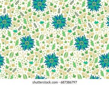 Seamless floral pattern with turquoise flowers on white background