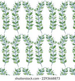 Seamless floral pattern with twigs. Botanical background, repeating prints. Blooming herbs texture design for your design. Hand drawn vector illustration