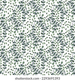 Seamless floral pattern with twigs. Botanical background, repeating prints. Blooming herbs texture design for your design. Hand drawn vector illustration