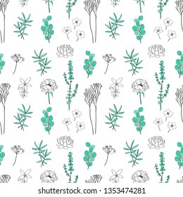Seamless floral pattern with twigs, flowers and leaves on white background 