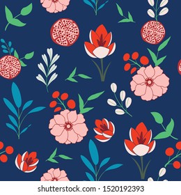 A seamless floral pattern with twigs, pomegranate in blue background