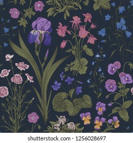 Seamless floral pattern. Twilight garden. Vector vintage botanical illustration. Magic colors