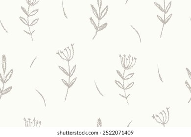 Seamless floral pattern, two colors nature print, abstract ornament with simple sketch drawing wild plants. Decorative minimalist style surface with hand drawn flowers, leaves. Vector illustration.