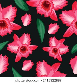 seamless floral pattern for use in textiles or packaging consisting of open pink orchid buds, green petals and orchid petals on a black background