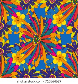 Seamless floral pattern. Use for wallpaper, printing on the packaging paper, textiles. Vintage vector ornament in blue, orange and yellow tones.