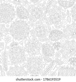 Seamless floral pattern with variety of  big decorative unusual outline flowers in white and black colors. The pattern can be used for coloring book.