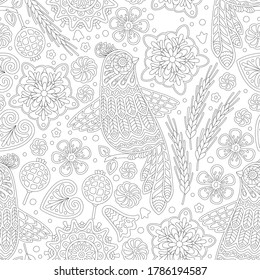Seamless floral pattern with variety of  big decorative unusual outline flowers and birds in white and black colors. The pattern can be used for coloring book.