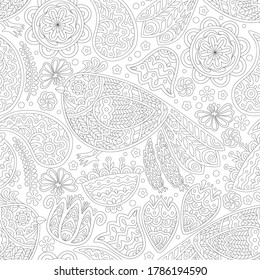 Patrón floral sin foco, con una gran variedad de floridas decorativas insólitas florales y pájaros de colores blanco y negro. El patrón se puede usar para colorear el libro.