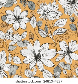 A seamless floral pattern with a variety of stylized flowers and leaves