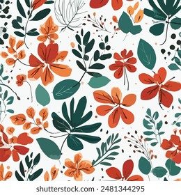 A seamless floral pattern with a variety of stylized flowers and leaves