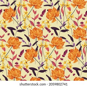 Seamless floral pattern with various autumn plants. Botanical vintage print with wild flowers, leaves and herbs. Vector.